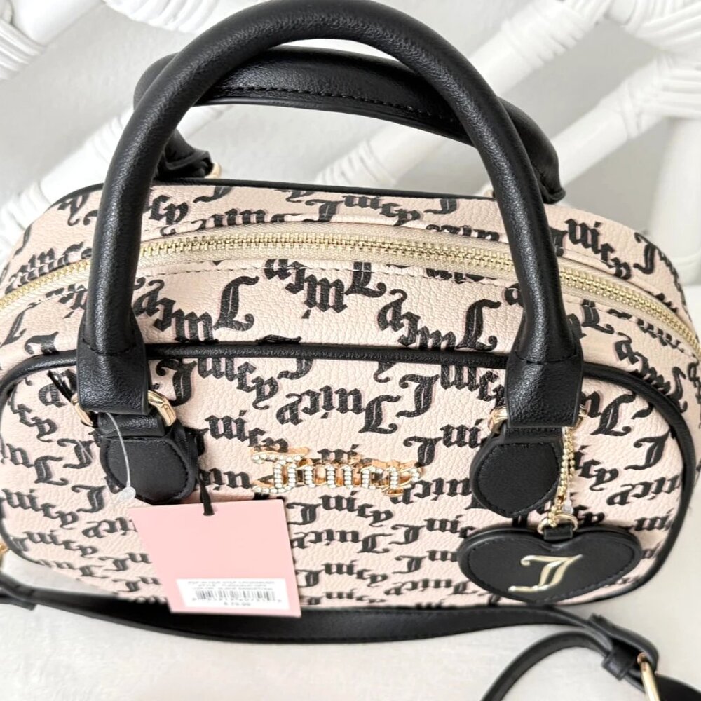 NWT Juicy Couture Gothic Logo Crossbody Satchel Bag Heart Charm Beige & Black - Picture 6 of 15